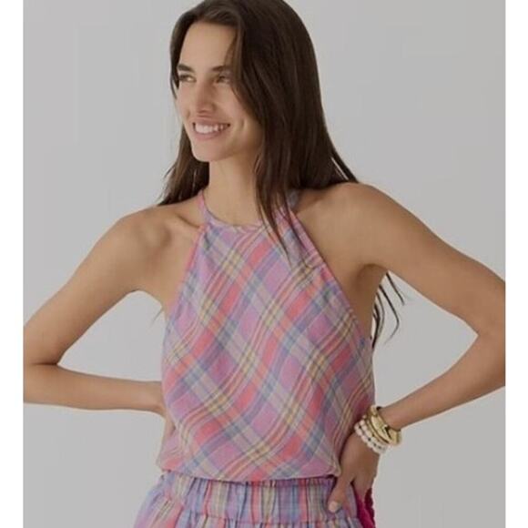 J. Crew Tops - J. CREW Amber 100% Linen Madras Plaid Tank Top Beach Preppy Size M
